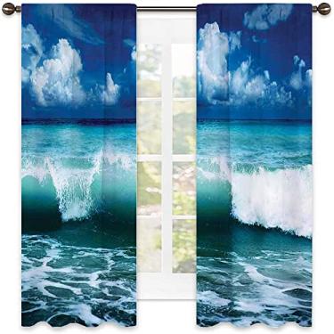 Imagem de Cortina isolada de sombreamento do oceano, ondas de paisagem marítima da costa da ilha, surfe, surfe, cortinas blackout com absorção de som para sala de jantar/decoração de festa, L 182 x C 182 cm