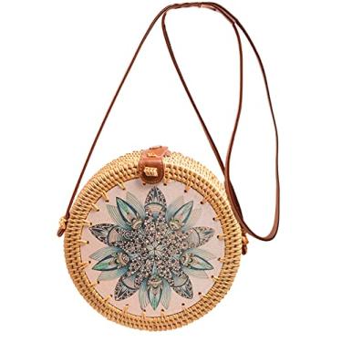 Imagem de SHAREYOIU Bolsas de ombro redondas de vime estampadas à mão estilo praia tropical natural chique com alça de couro, 14, Big，7.87x 3.2 inch