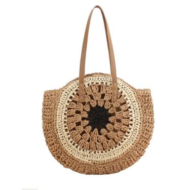 Imagem de SHAREYOIU Bolsa feminina redonda de palha, bolsa de ombro, bolsa de praia, bolsas de mão com alça superior, design vazado, Preto