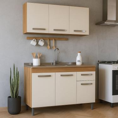 Imagem de Kit Balcão de Pia e Armário Aéreo 1,20m Cozinha Freijó Off-White
