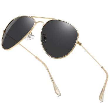 Imagem de aisswzber Óculos de sol clássico aviador polarizado para homens e mulheres, armação de metal, proteção UV400, leve para dirigir ao ar livre, Dourado e preto, Gold&Black