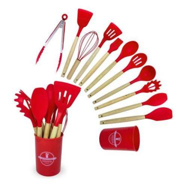 Imagem de Concha Escumadeira Jogo  Colheres E Talheres Silicone 12 peças, Vermel