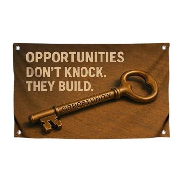 Imagem de Bandeiras de motivação de 9 x 1,2 m com citação "Opportunities Don't Knock. They Build" com quatro ilhós de latão - Bandeira de tapeçaria de chave de um lado para oportunidade - Pôster de poliéster