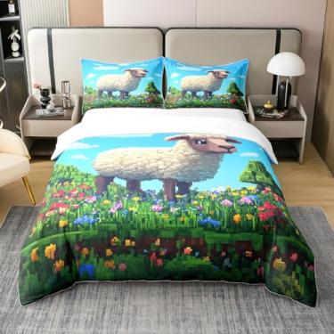 Imagem de Castle Fairy Capa de edredom de ovelha fofa 100% algodão natural, estilo Queen Pixel, animais de fazenda, jogo de cama geométrico, floral, colorido, jogo de cama com 3 peças, edredom não incluído