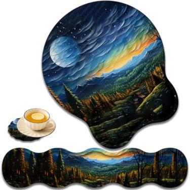 Imagem de Descanso de pulso para teclado e mouse pad suporte de pulso com conjunto de porta-copos em forma de renda, espuma viscoelástica de gel ergonômico e base antiderrapante, digitação fácil e alívio da dor