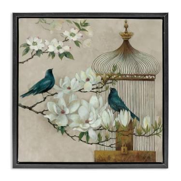 Imagem de Stupell Industries Arte de parede em tela flutuante com moldura preta floral Bluebird Menagerie por Elaine Vollherbst, 45,7 x 45,7 cm
