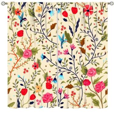 Imagem de SXXLDNG Cortinas vintage rústicas de pássaros com flores, folhas de plantas, coloridas, natureza, estampa floral, cortinas de janela para quarto, sala de estar, cozinha, vila, arte, cortinas, conjunto