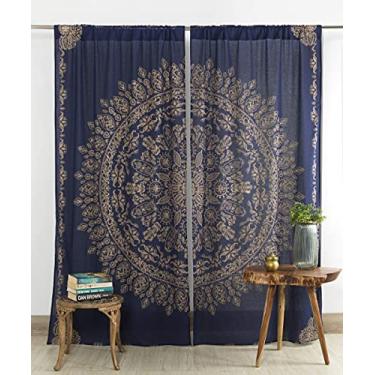 Imagem de Popular Handicrafts Cortina indiana hippie mandala boêmia linda janela ouro azul cortina cortina cortina para quarto sala de estar painéis sanefa