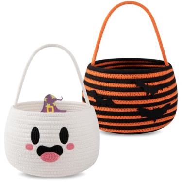 Imagem de OIAHOMY Pacote com 2 cestas de abóbora para crianças, cesta de doces de corda tecida, decorações de Halloween, cestas de presente vazias, fantasmas, pretas e laranjas