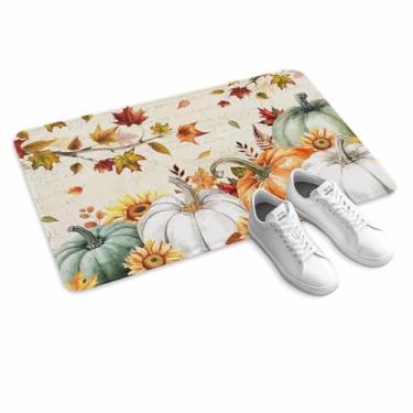 Imagem de JasmineM Tapete lavável de abóbora verde laranja para chão, tapetes de cozinha antiderrapantes para chão, decorações de folhas de bordo vintage, tapete de porta da frente para ambientes internos e