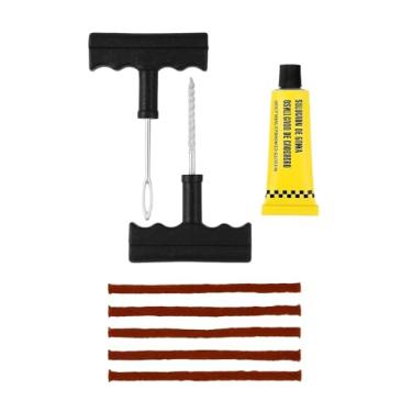 Imagem de Kit Reparo para Conserto de Pneus de Bicicletas, Motos e Carros com 8 Peças - Escareador, Aplicador, Cola e Remendos - Ideal para Emergências, Uso Doméstico ou Profissional com Praticidade e Segurança
