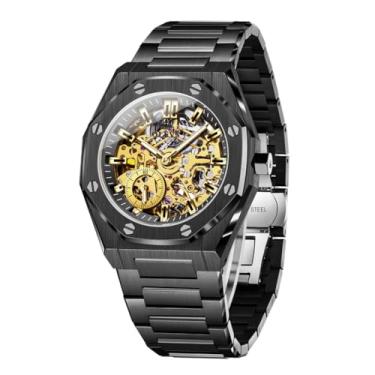 Imagem de OLEVS Relógio masculino automático com três ponteiros esqueleto polígono corda automática relógio de pulso à prova d'água luminoso aço inoxidável vestido de luxo presente, 6669: preto