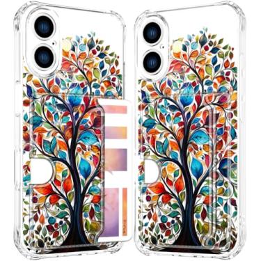 Imagem de ENDIY Compatível com capa de telefone 17 porta-cartão para mulheres design fofo, capas de telefone tipo carteira transparente legal Kawaii protetora (folhas coloridas de árvore clara)