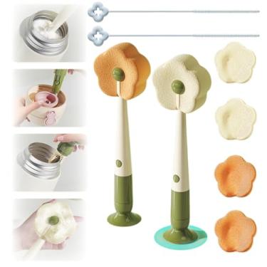 Imagem de Escova de garrafa de esponja de flor com ventosa 4 em 1, escova de detalhes para abertura e canudo, escova de mamilo removível, escova de limpeza de copo multiuso de cabo longo (branco + laranja)