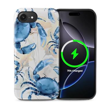 Imagem de Punmada Capa para iPhone 16e para MagSafe, capa rígida híbrida à prova de choque de silicone protetora de corpo inteiro brilhante para iPhone 16e aquarela azul caranguejo padrão de vibrações costeiras