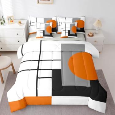 Imagem de Erosebridal Conjunto de edredom solteiro, listrado, branco, preto, laranja, boêmio, geométrico, abstrato, 7 peças, para adultos, mulheres, homens, geométrico, listrado, linhas, cama quadrada e