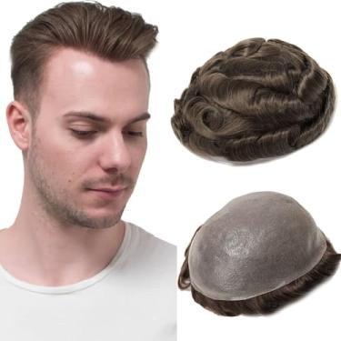 Imagem de BEEOS Toupee de pele fina de 0,03 mm para homens, 20 x 25 cm, sistema de cabelo masculino 90% de densidade clara, Vlooped em toda a parte sem nós, peruca masculina natural #5 marrom