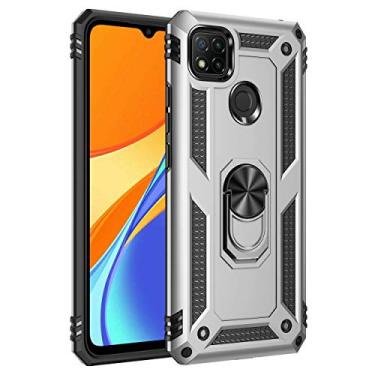 Imagem de SORAKA Capa para Xiaomi Redmi 9C com suporte de anel, capa protetora Redmi 9C, capa traseira de policarbonato rígido com placa de metal para suporte magnético de telefone e carro, prata