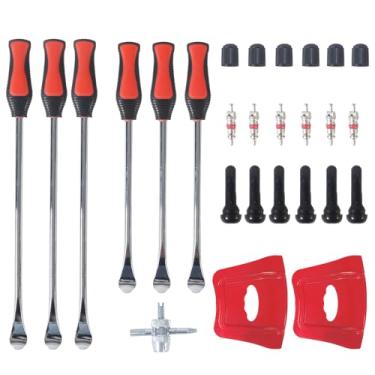 Imagem de TFONSIGI Conjunto de ferramentas de colheres de pneu de aço de 37 cm e 29 cm, 27 peças de ferramentas de troca de pneu, trocador de pneu de motocicleta, alavancas de pneu de bicicleta suja, 6 colheres