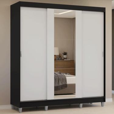 Imagem de Guarda-Roupa Casal com Pés 3 Portas de Correr com Espelho Preto/Branco Reno Madesa