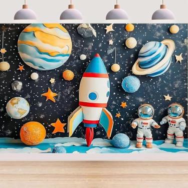 Imagem de Espaço feliz aniversário pano de fundo astronauta foguete explosão planeta terra fotografia fundo crianças menino decoração festa de aniversário banner adereços para foto (A, 2,8 x 5 pés)