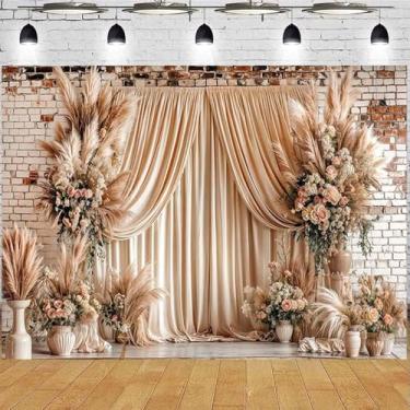 Imagem de Pano de fundo floral boho para casamento, flores vintage, fundo de parede de tijolo, para sessão de fotos, estilo boêmio, aniversário, princesa, capina, chá de panela, decoração floral (A, 2,1 x 1,5 m