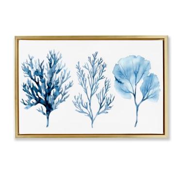 Imagem de Stupell Industries Arte de parede em tela flutuante com moldura dourada trio de tipos de coral azul, design por LSR Design Studio, 43 x 63 cm
