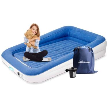 Imagem de Colchão Inflável SoundAsleep Dream Series Kids com Bomba Externa de Alta Velocidade e Protetores de Segurança Extra Altos Azul para Crianças