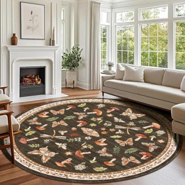 Imagem de Tapete redondo de insetos de cogumelo de 2,4 m, lavável, antiderrapante, macio, ultrafino, grande, boho, para entrada, cozinha, quarto, berçário, sala de jantar, marrom