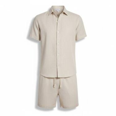Imagem de Conjunto Linho Masculino Camisa Botão Bermuda Mauricinho - Volgue, Beg