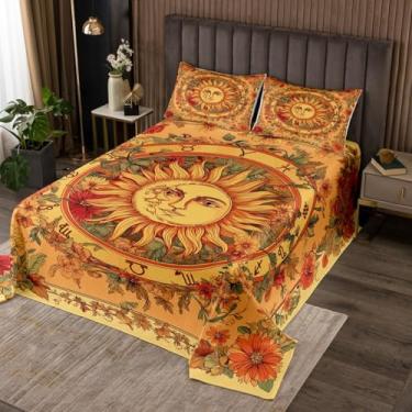 Imagem de Manfei Colcha amarela sol lua tamanho solteiro, conjunto de colcha de flores vintage, 2 peças, coberta acolchoada estética constelação com 1 fronha, decoração de quarto de meninos, colcha de cama