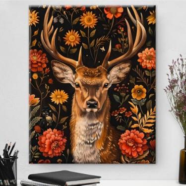 Imagem de Arte de parede botânica de veado vintage emoldurada - Decoração de parede com flores escuras Academia para sala de estar quarto casa 20 x 25 cm