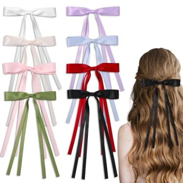Imagem de 8 peças de grampos de cabelo com laço de fita para, presilhas de laço de borla de cauda longa para mulheres, elegante e doce clipe de bico de pato, acessórios de estilo de cabelo para adolescentes com