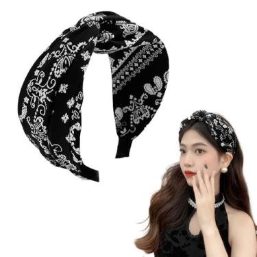 Imagem de Bandana preta com nó para mulheres, meninas, nó cruzado, faixa de cabelo boho, faixa de cabeça para cabelo feminino, antiderrapante, nó torcido, floral, turbante, nó