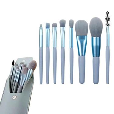 Imagem de Conjunto de 8 pincéis de maquiagem com bolsa de cosméticos, pincéis sintéticos macios para base, pó, sombra, corretivo, destaque, kit de beleza para iniciantes presente para mulheres e meninas, azul