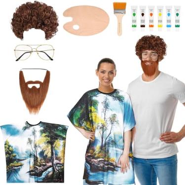 Imagem de GANSHAYA 7 peças, fantasia de pintor de Halloween, vestido túnica de árvore, óculos de peruca afro marrom, conjunto de pincéis de paleta de pintura de barba falsa para fantasias de casais dos anos 80