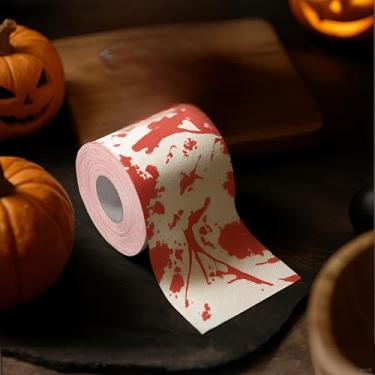Imagem de Papel higiênico Bloodstain Decoração de Halloween - Rolo higiênico sangrento realista para decoração de festa, suprimentos de brincadeiras, decoração de banheiro de casa assombrada