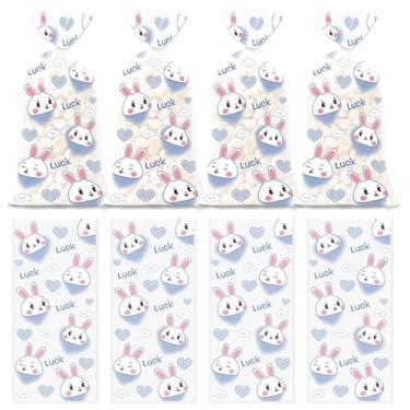 Imagem de 50 sacos de guloseimas de coelho fofos, sacos de celofane, presente selável a quente com 50 peças de laços torcidos para festa de aniversário