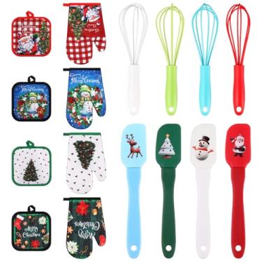Imagem de LemonRoad Conjunto de 16 peças de cozinha de Natal, 4 luvas de forno de boneco de neve e suportes de panela, 4 batedores de silicone, 4 espátulas de silicone, suprimentos de panificação de Natal