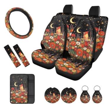Imagem de Wanzuoeng Capa de assento de carro com estampa de flor cardeal conjunto completo de capas de assento dianteiro traseiro do carro com capa de volante almofada de console central almofadas de cinto de