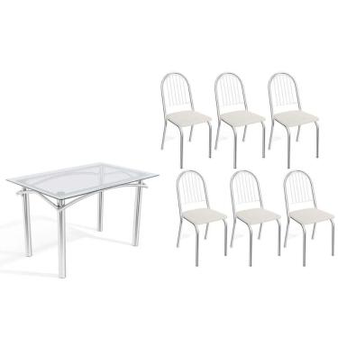 Imagem de Conjunto: Mesa Sala Jantar Elba C- Tampo De Vidro 120cm E 6 Cadeiras Noruega Cromada - Courano Branco - Kappesberg