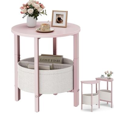 Imagem de Vagusicc Mesa lateral redonda pequena, mesa de canto com cesta de armazenamento, conjunto de 2 mesas de centro meia redonda, mesa de cabeceira meia lua, mesa de cabeceira moderna para sala de estar