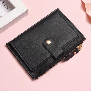 Imagem de Carteira feminina compacta de couro com porta-cartões com zíper e bolso para moedas elegante com fecho de pressão pequena, Preto, Tendência