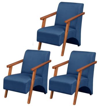 Imagem de Kit 3 Poltronas Venus 1 Lugar Braço Madeira Maciça Tecido Suede Azul Bic