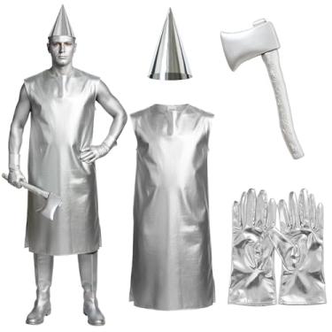 Imagem de Berlune 4 Pcs Halloween Tin Costume for Adult Dress Gloves Hat and Axe Costume Cosplay Silver Metallic