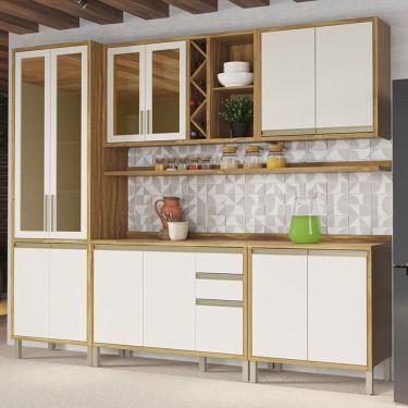 Imagem de Armário de Cozinha Modulada com Balcão e Tampo 12 Portas 3 Gavetas Pérola 100% Mdf Vidro Reflecta Amêndoa/Off White - Pnr Móveis