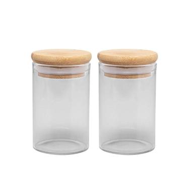 Imagem de Jogo 2 Potes Hermético Porta Mantimento Vidro Borossilicato Tampa Bambu 90ml - Wolff