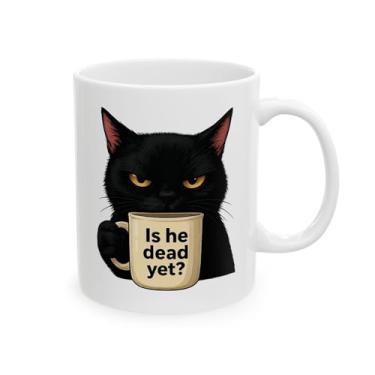 Imagem de Caneca de gato preto Is He Dead Yet Caneca engraçada de gato preto, presentes para amantes de gatos, xícara de chá de gato fofo, presentes para amantes de café