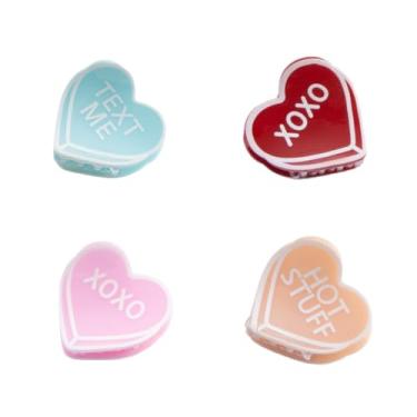 Imagem de Conjunto de grampos de cabelo em forma de coração, coleção Dia dos Namorados, cores rosa, vermelho, azul, laranja, pacote com 4, padrão de texto decorativo para meninas