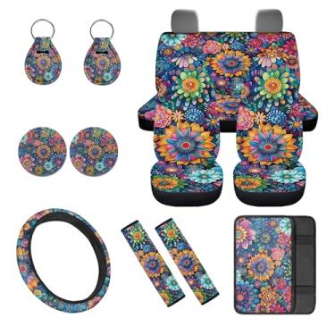 Imagem de gearider Conjunto completo de 12 capas de assento de carro vintage boho flor com capa de volante, capa de cinto de segurança, almofada de console central, porta-copos, chaveiros, decoração automotiva